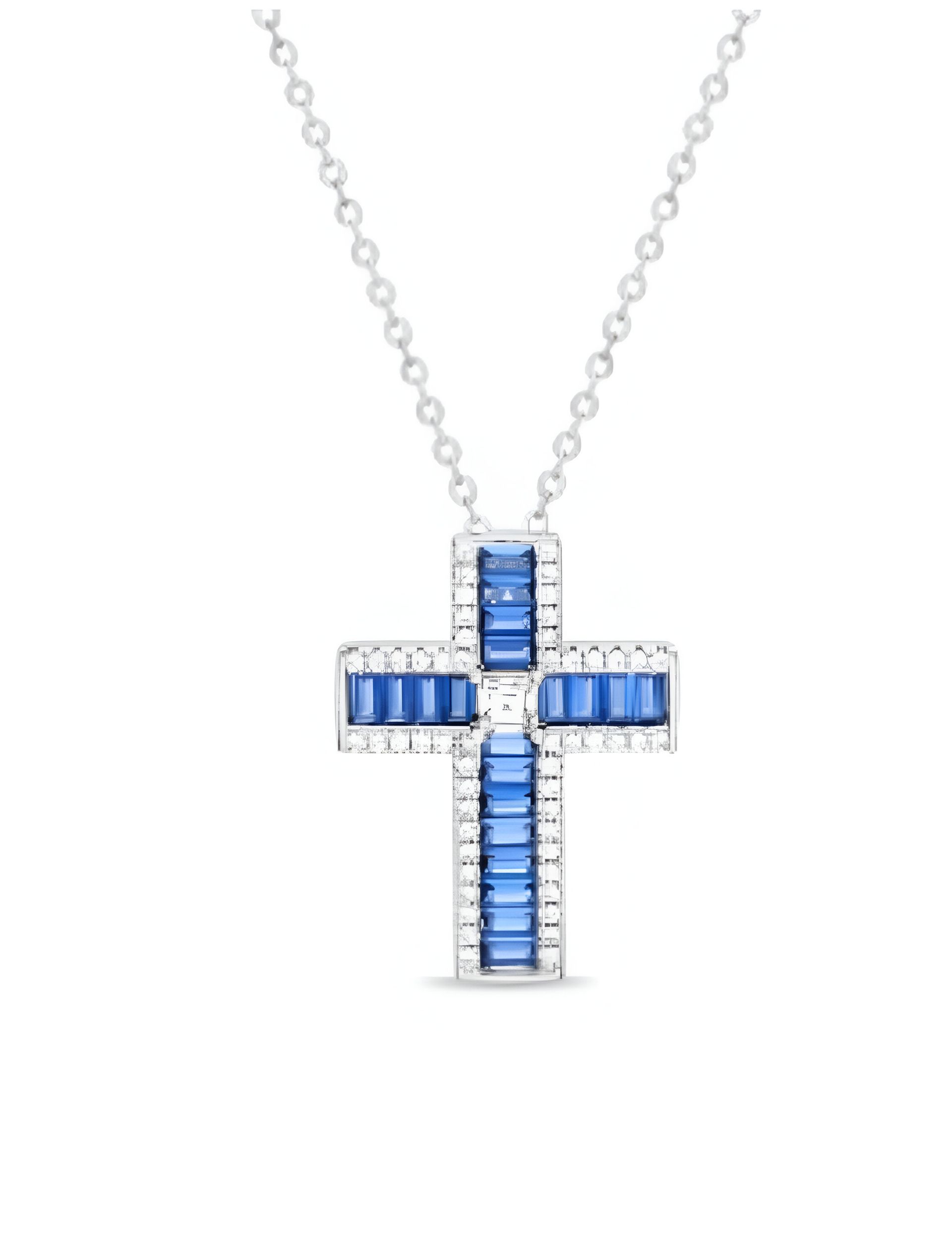 Collar colgante con cruz de plata y piedras preciosas azules y blancas.