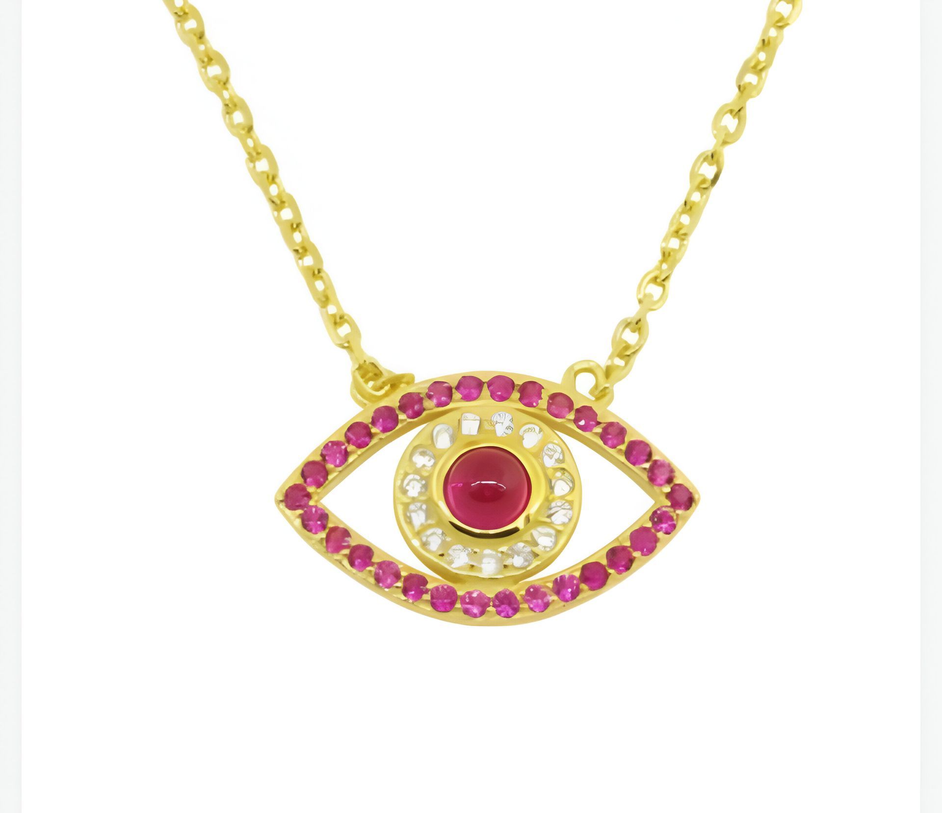 Collar de oro con colgante de ojo con incrustaciones de gemas rosas y blancas.