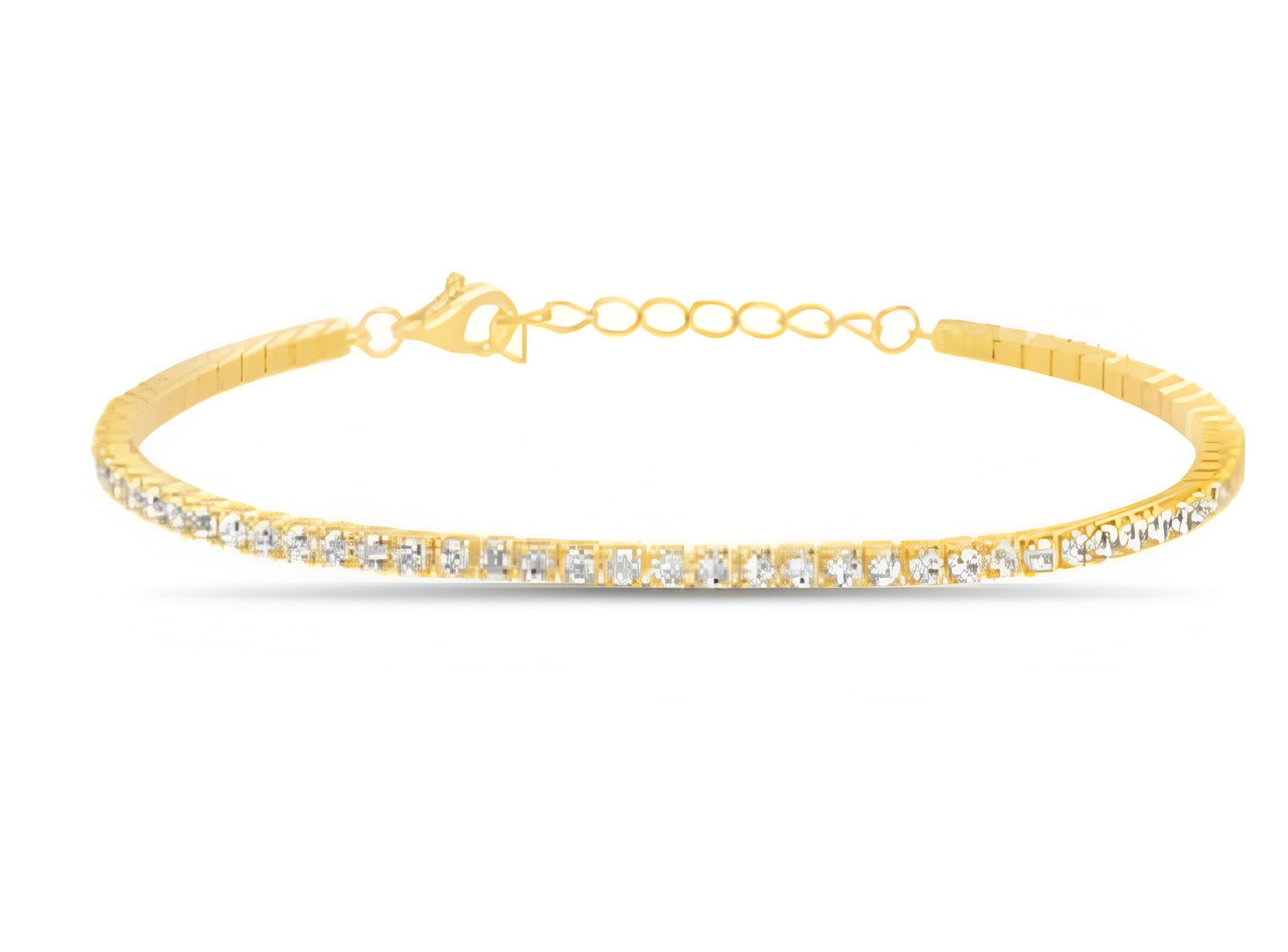 Pulsera de tenis de oro con una hilera de piedras preciosas transparentes.