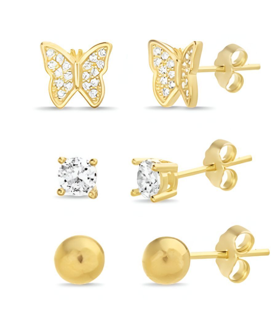 Pendientes de oro con diseños de mariposa, redondos y cuadrados.