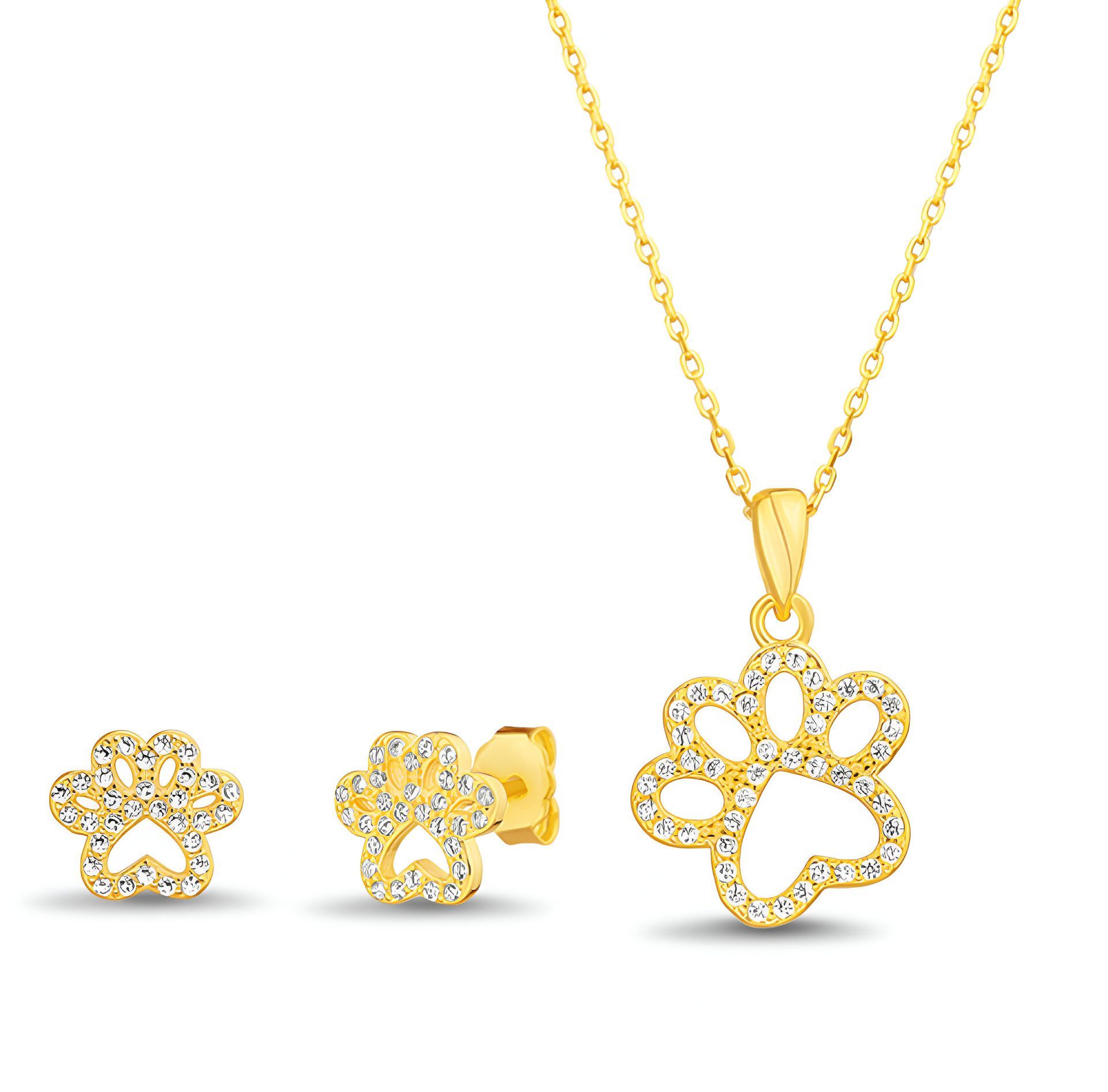 Conjunto de joyas con huella de pata de oro: collar con colgante y pendientes tipo botón, adornado con piedras transparentes.