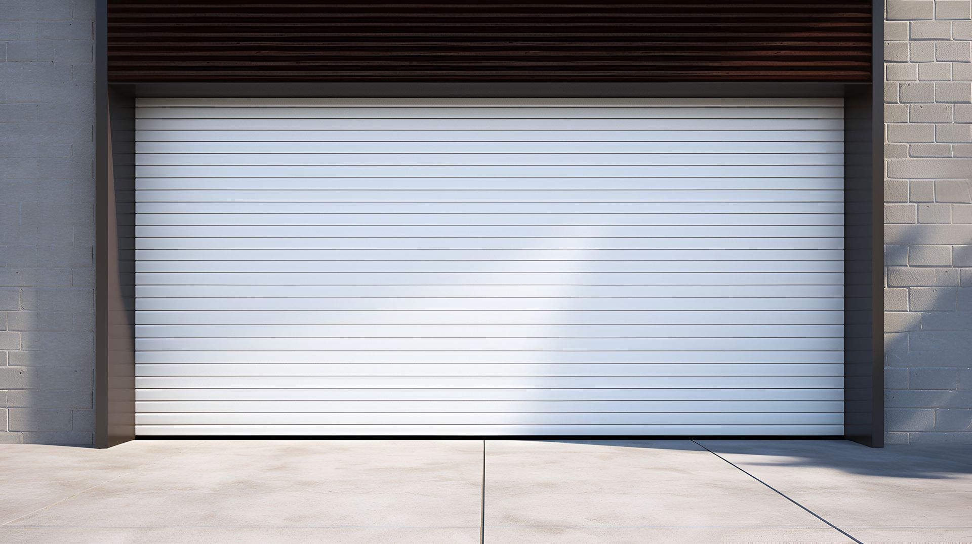 A white garage door is open on a brick wall.