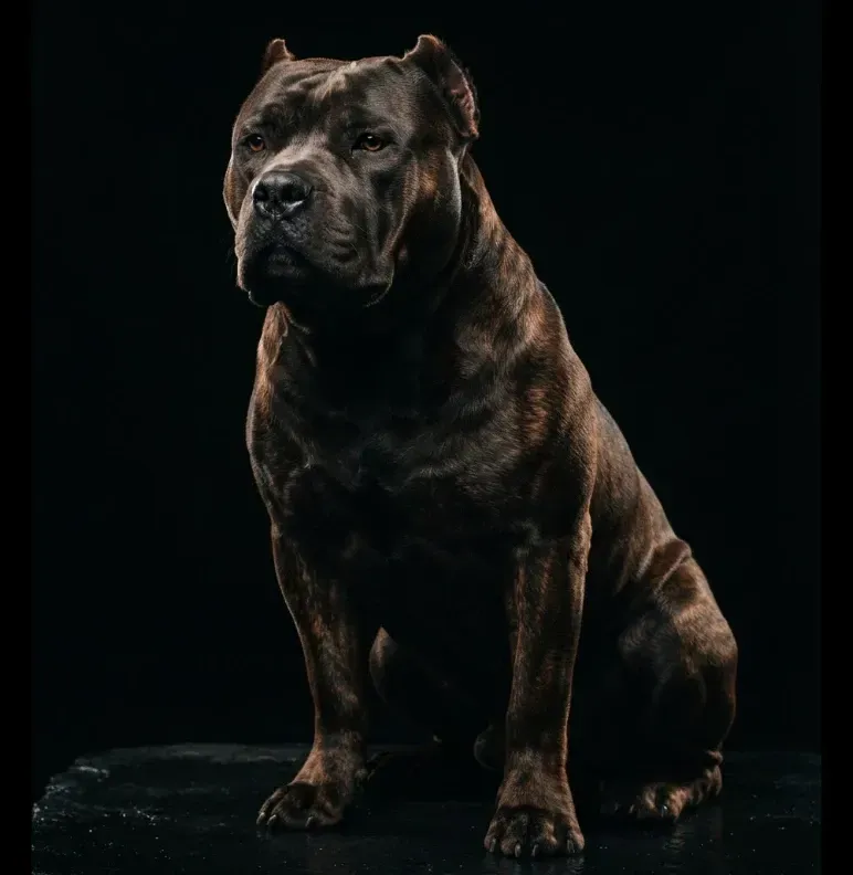 Bulldog standing on first-place podium beside trophy at a dog show
