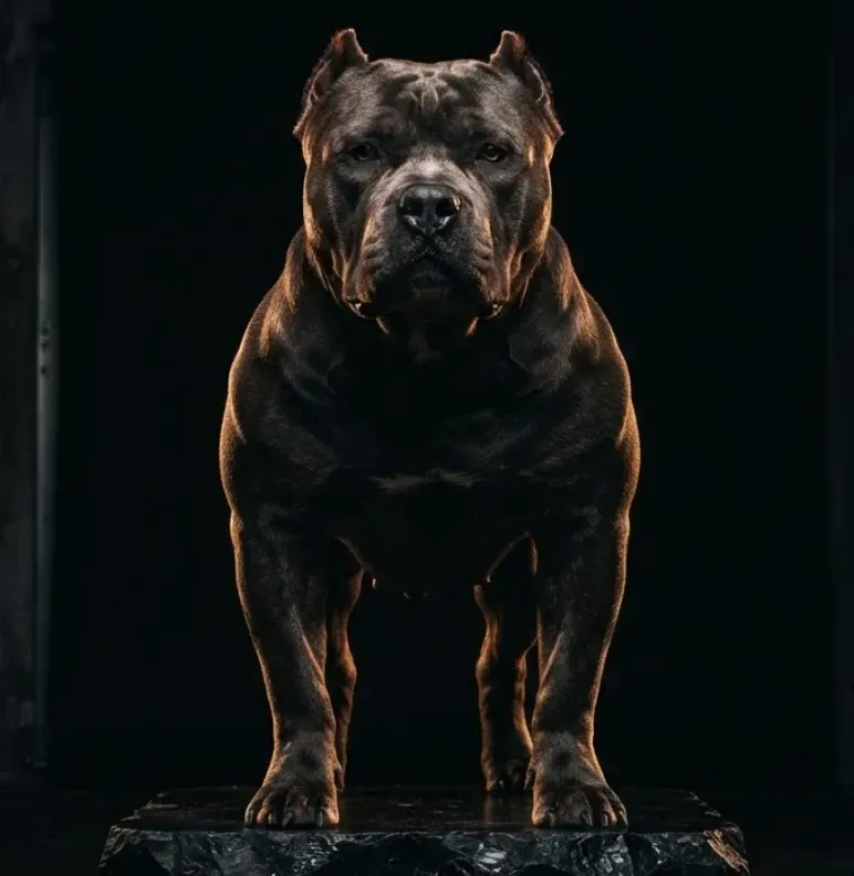 Portrait of a muscular brown dog against a dark background, staring directly ahead