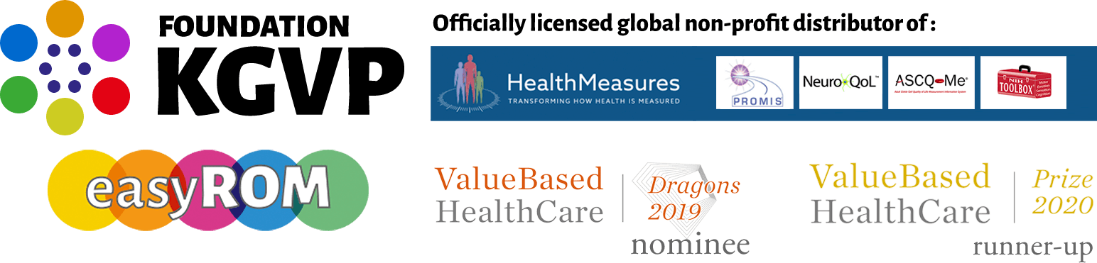 Logo's voor Foundation KGVP, easyROM en Value Based HealthCare, met gerelateerde tekst.