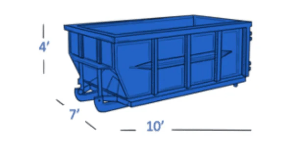 Blue dumpster with dimensions labeled 10' long, 7' wide, and 4' high