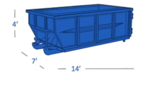Blue 14-foot dumpster with dimensions marked 4' high, 7' wide, and 14' long