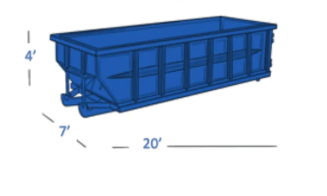 Blue 20-foot dumpster with 7-foot width and 4-foot height measurements labeled