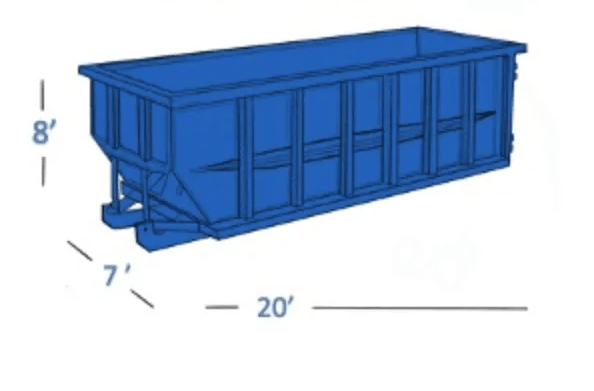 Blue 20-foot dumpster with 8-foot height and 7-foot width labeled with dimensions