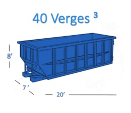 Conteneur à déchets bleu de 40 verges cubes avec des dimensions indiquées 20 pi, 8 pi et 7 pi