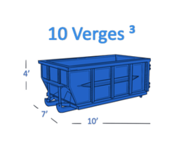 Conteneur à déchets bleu de 10 verges cubes avec des dimensions étiquetées 10', 7' et 4' sous « 10 Verges³ »