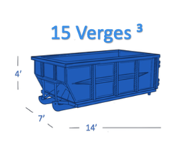 Benne bleue de 15 verges cubes, dimensions indiquées : 14 pi de long, 7 pi de large, 4 pi de haut