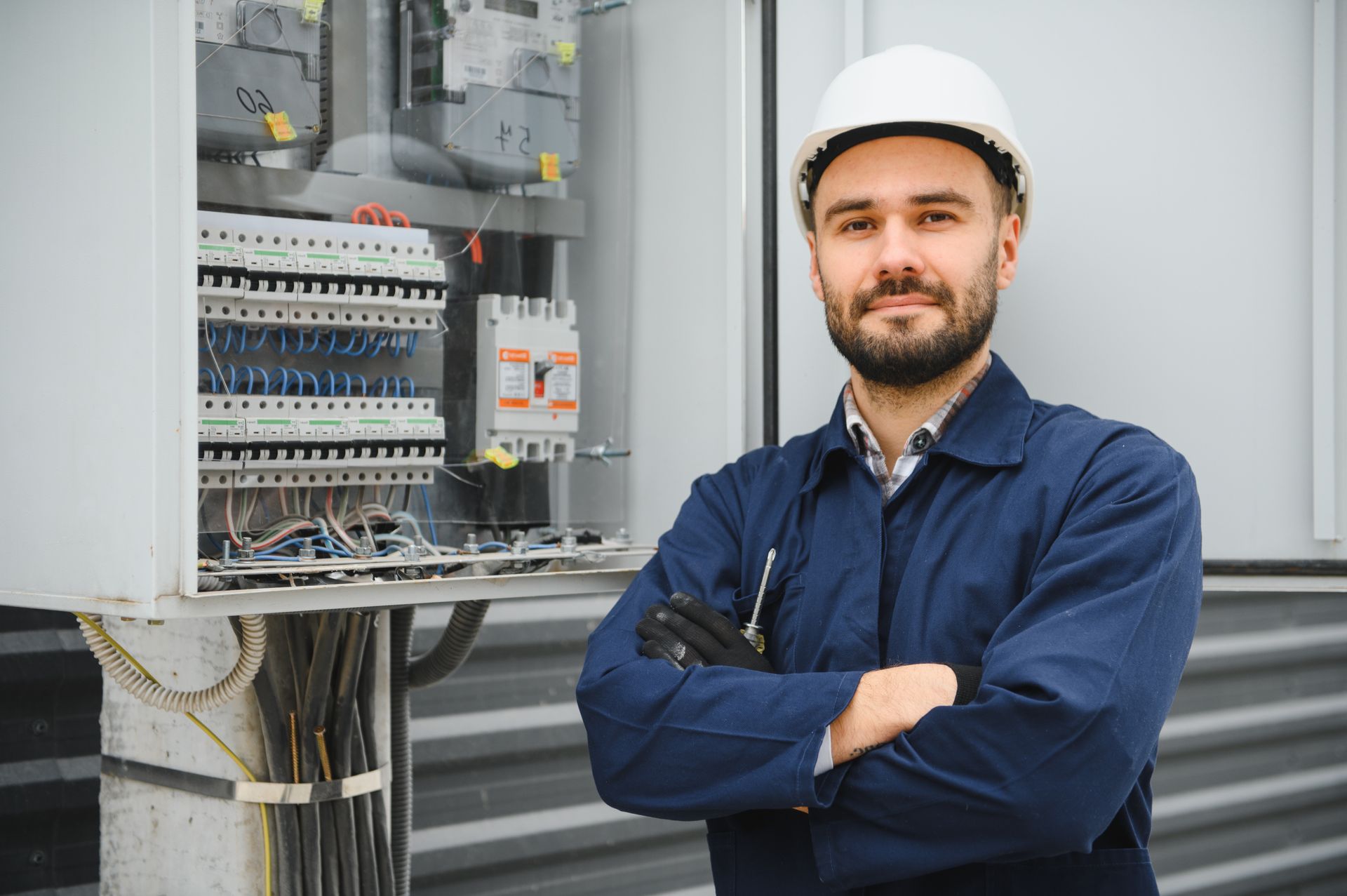 Worker in protective gear standing by an open electrical panel. Worker in protective gear standing by an open electrical panel.