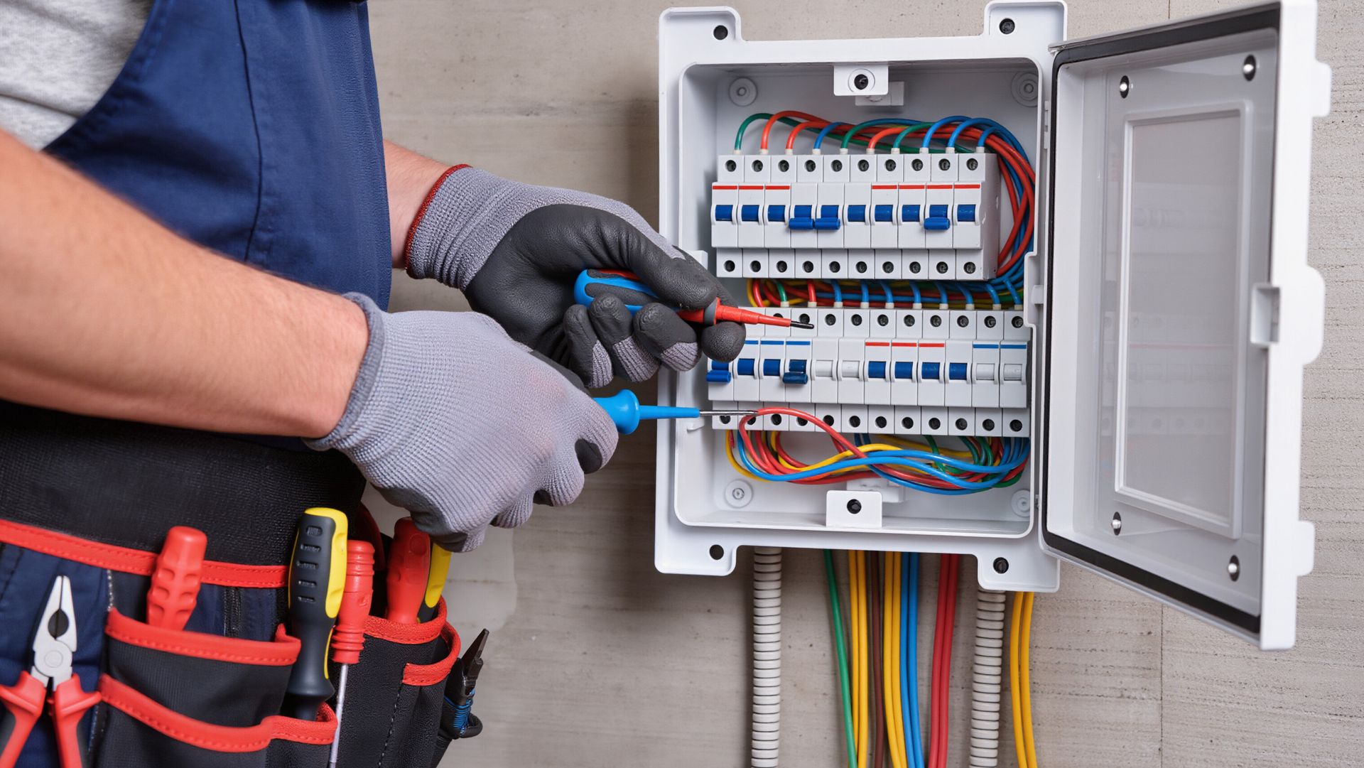 Electrician works on panel.