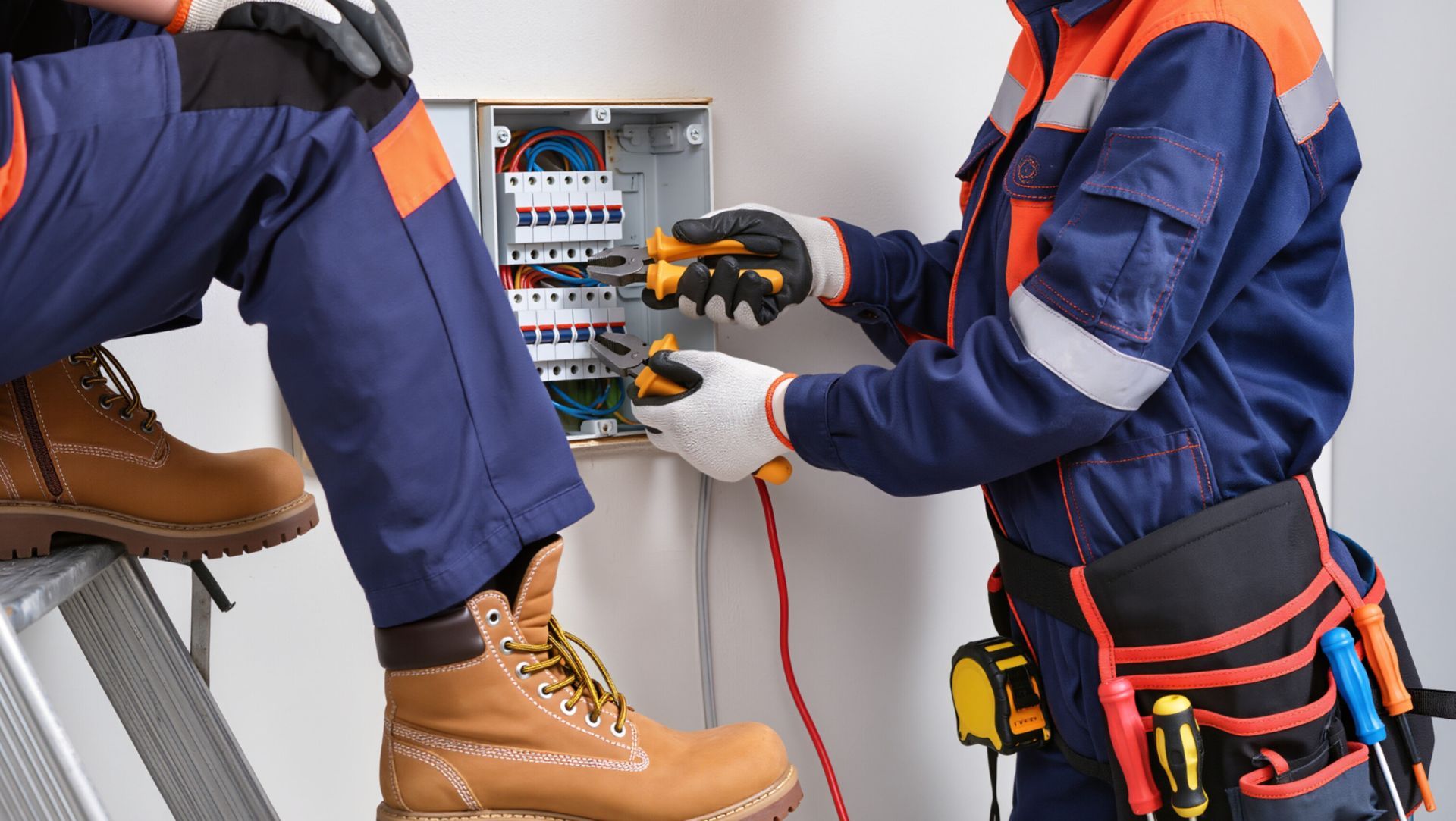 Two electricians are working together on an electrical distribution board.