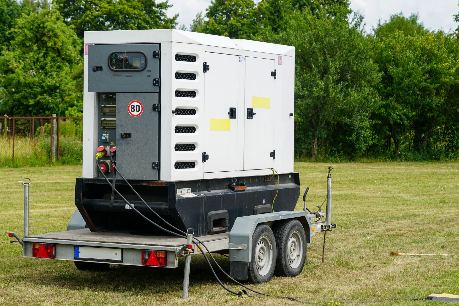 Connected large rental diesel generator on a mobile trailer for outdoor event power supply.