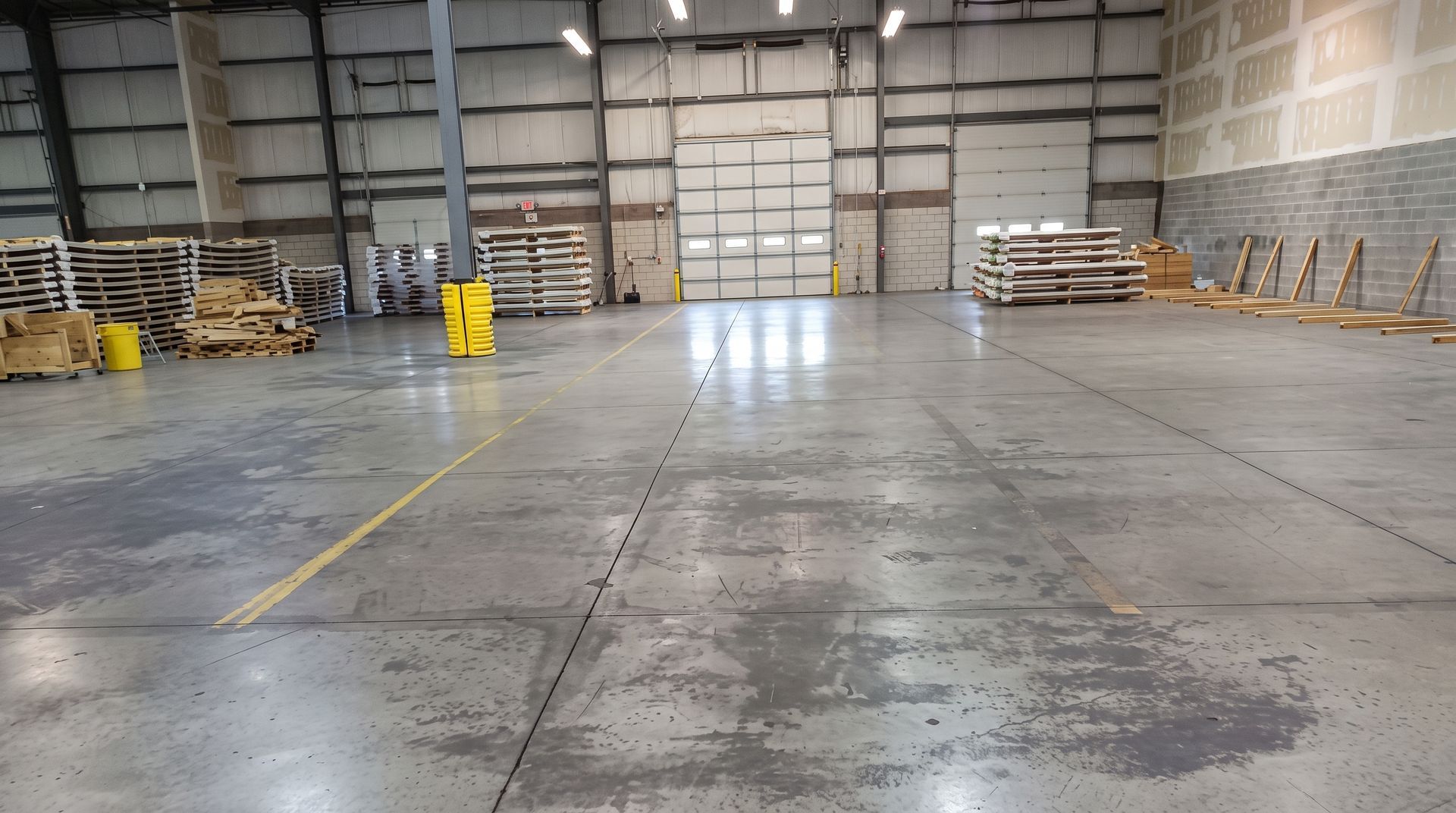 Empty warehouse interior with concrete floor, stacked pallets, and industrial equipment near the walls