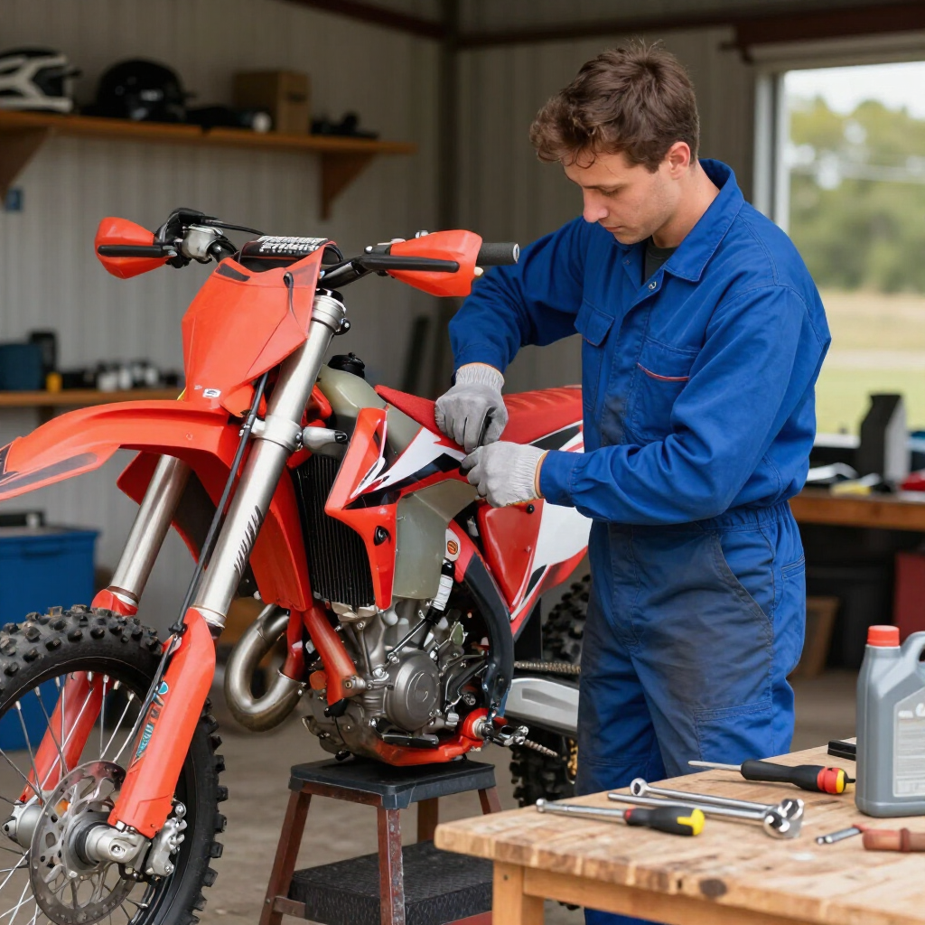 Mechanic in blue coveralls repairing a red dirt bike in a workshop with tools nearby