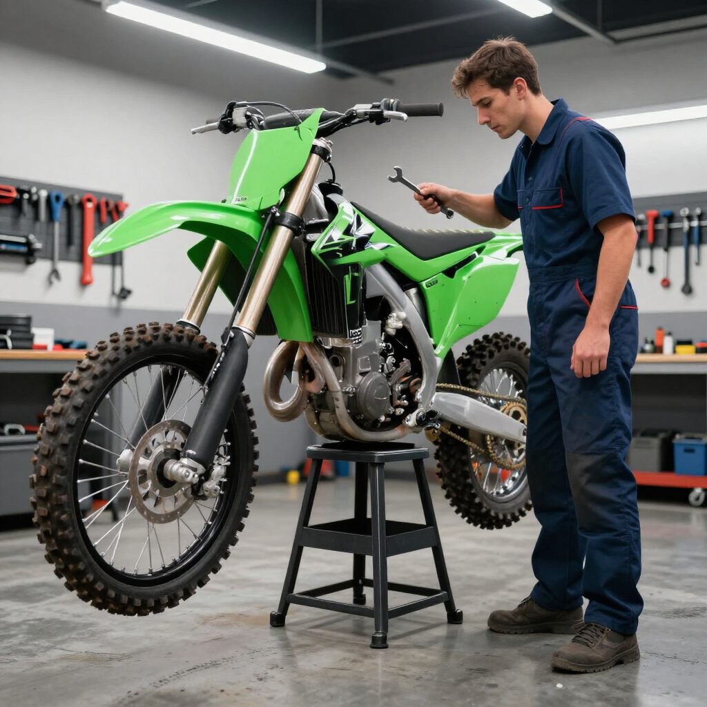 Mechanic inspecting a green dirt bike on a stand in a workshop, holding a smartphone.