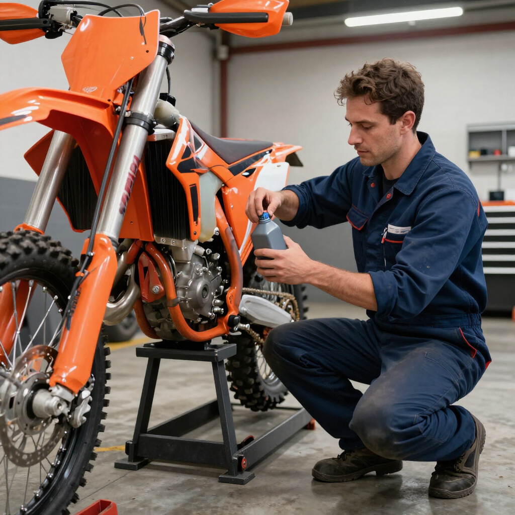 Mechanic kneeling beside an orange motorcycle, tightening a part in a workshop