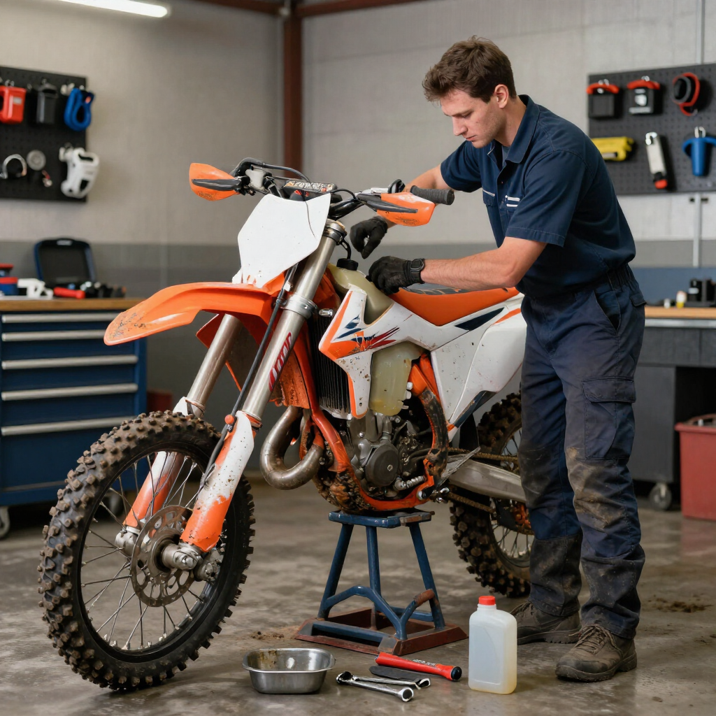 Mechanic servicing an orange dirt bike in a workshop, with tools and parts nearby.