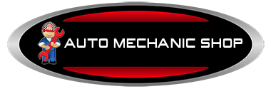 Logo for an auto mechanic shop: a cartoon mechanic holding a wrench, with 
