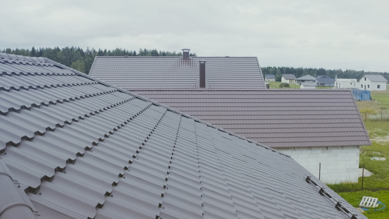 Gray tiled rooftops in a suburban neighborhood under an overcast sky