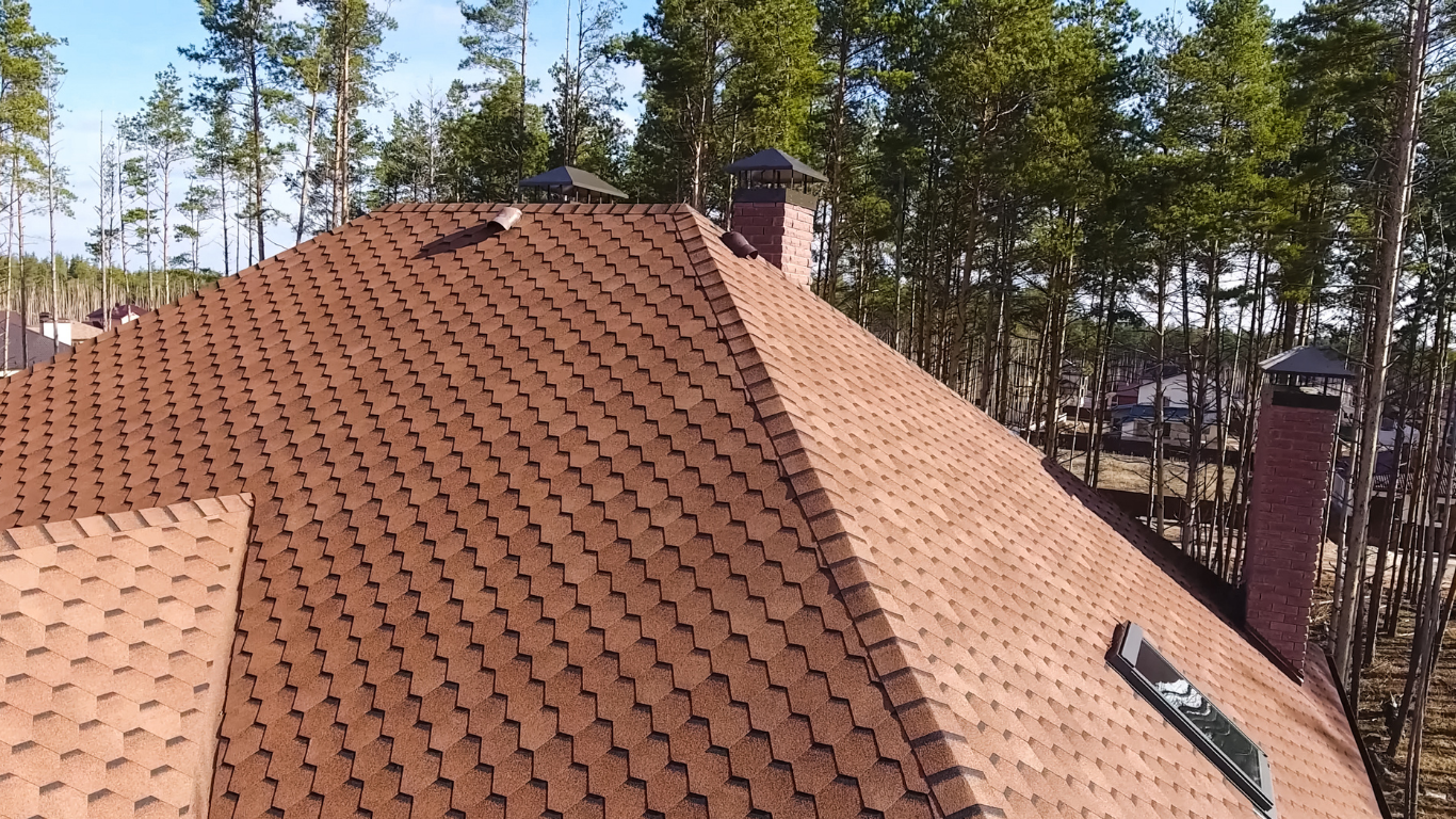 Red tile roof with chimneys beside pine trees on a sunny day