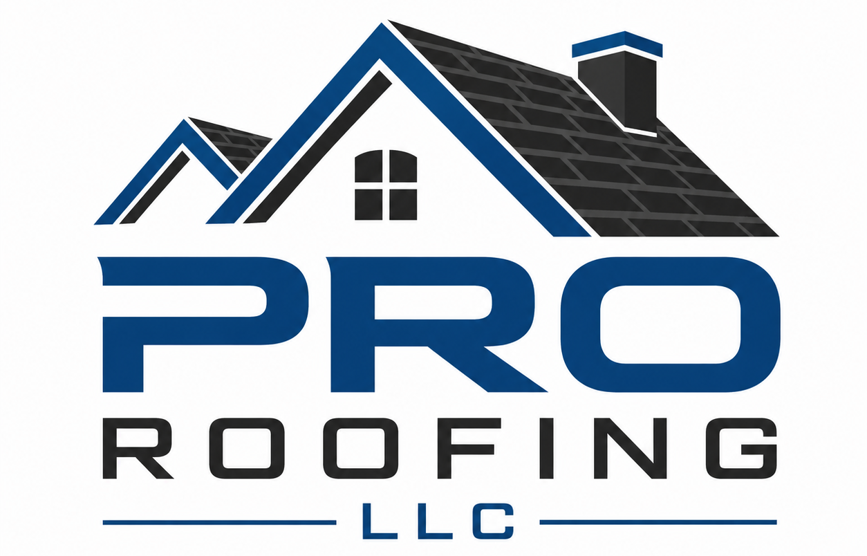 PRO Roofing LLC logo with blue and black house roof design