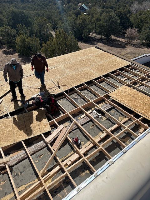 Roofing crew installing plywood on a steep roof under construction, with trees in the background