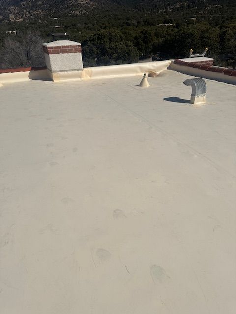 Flat white rooftop with small vents and a chimney, overlooking trees and hills.