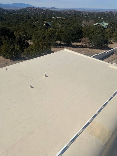 White flat rooftop with vents overlooking a wooded hillside and distant mountains.