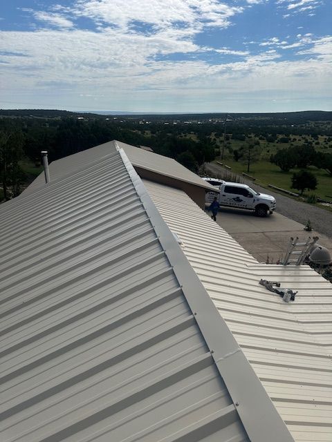 Metal roof with skylights and a parked pickup truck overlooking a wooded landscape under a cloudy sky