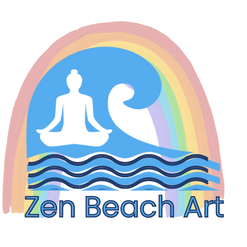 A logo for zen beach art with a rainbow and waves