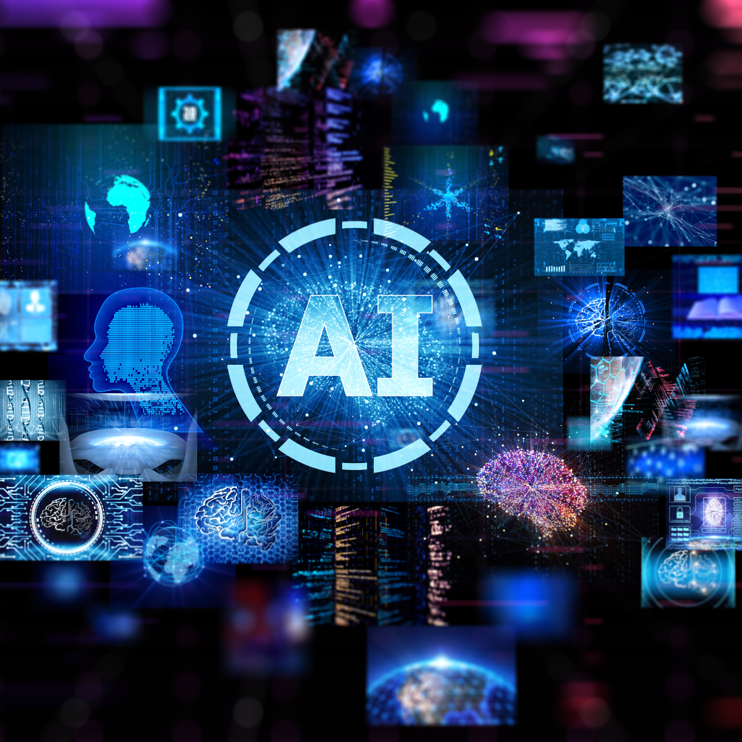 AI logo surrounded by digital imagery.