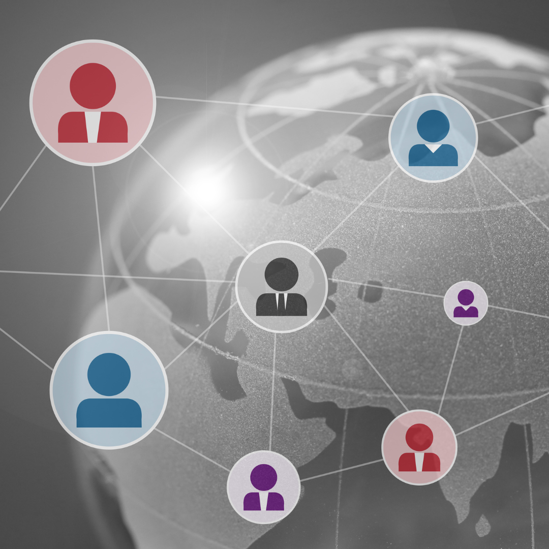 A network of connected people icons over a world map.