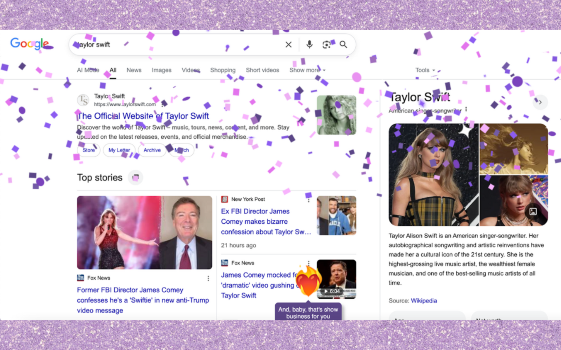 Google search of Taylor Swift with purple glitter appearing