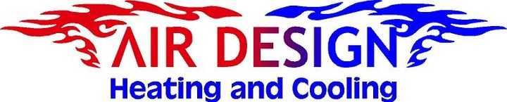 Air Design Heating and Cooling logo with red and blue flames.