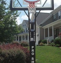 A basketball hoop is sitting in front of a house.