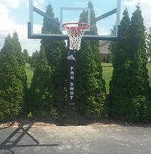 A basketball hoop is sitting in the middle of a driveway surrounded by trees.