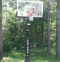 A basketball hoop is sitting in the middle of a yard surrounded by trees.