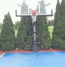 A basketball hoop is surrounded by trees on a blue court.