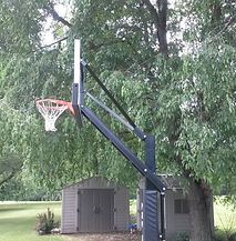 A basketball hoop is sitting under a tree in front of a shed.