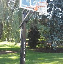 A basketball hoop is sitting on top of a pole in a park.