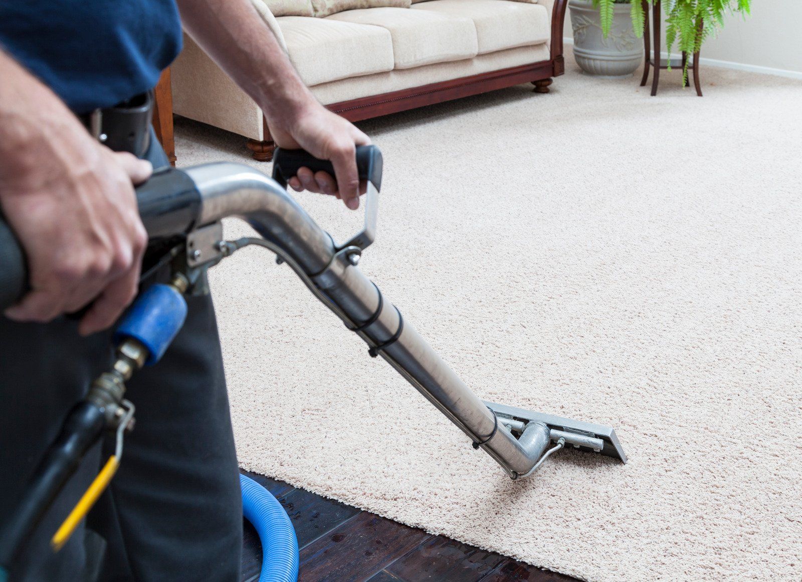 Person cleaning a beige carpet with a professional cleaning machine in a living room.