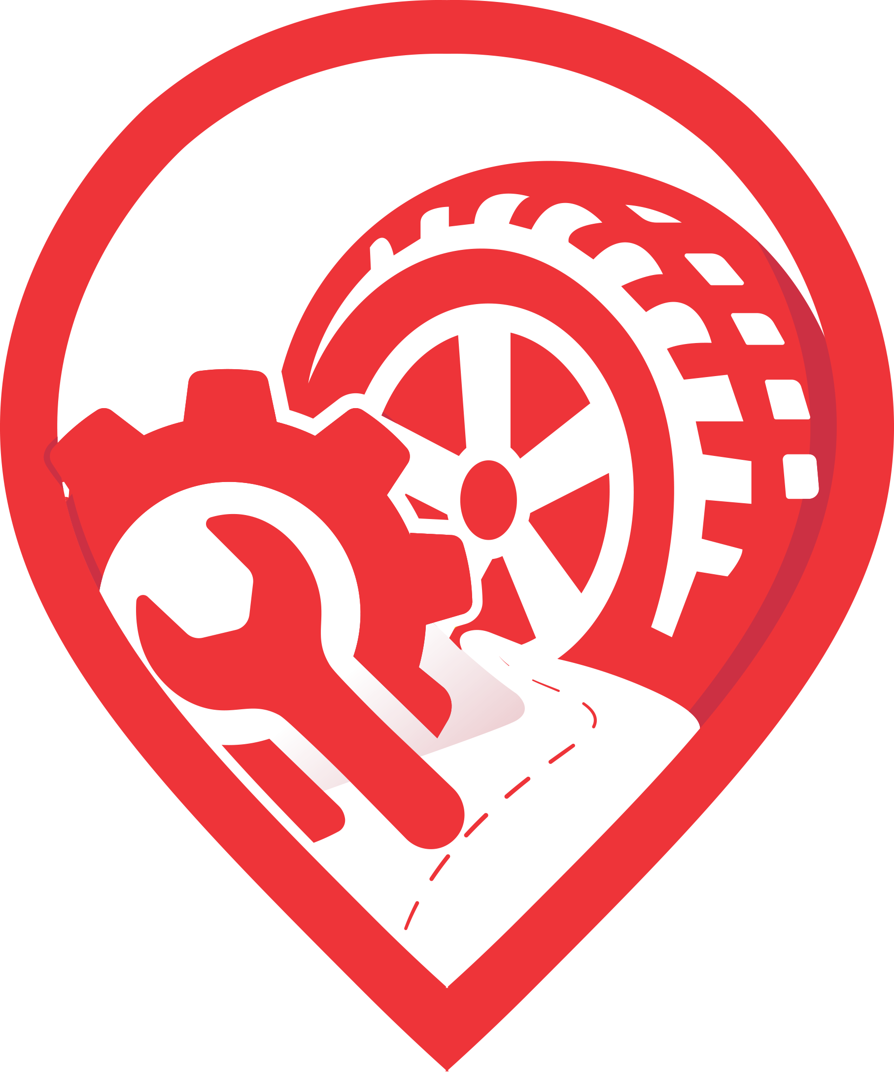 Red location marker with a tire, wrench, and gears, representing auto repair services.