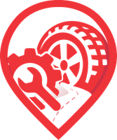 Red icon: wrench, gear, tire, within a teardrop shape.