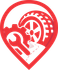 Red icon: wrench, gear, tire, within a teardrop shape.