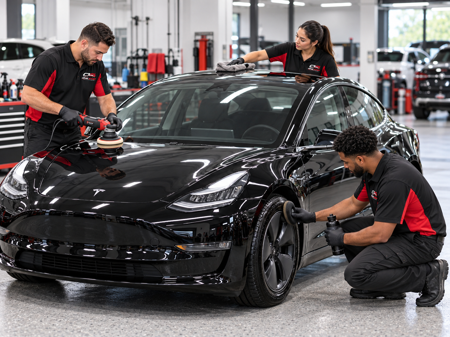 People cleaning a dark gray Tesla inside a garage with several other vehicles.