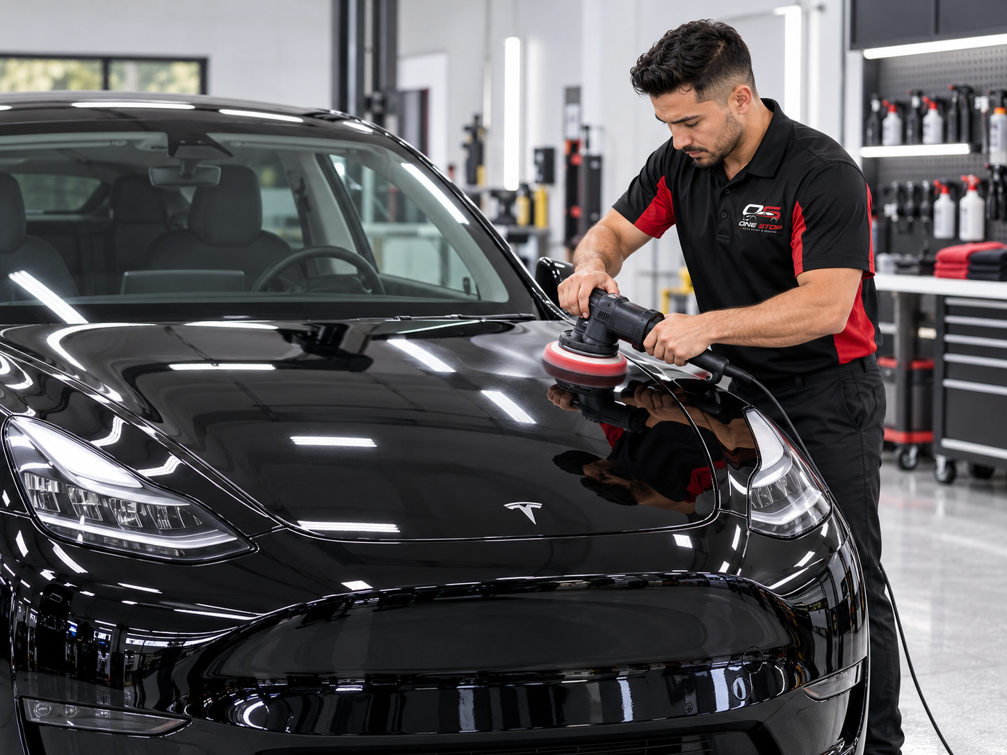 Three people cleaning a black Tesla car inside a brightly lit garage.